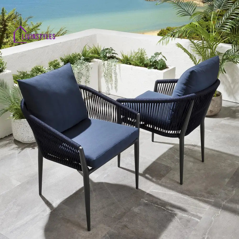 Luis Outdoor Patio Seating Set 2 Chairs and 1 Table Set (Black + Blue) Braided & Rope - Coffee Table Sets