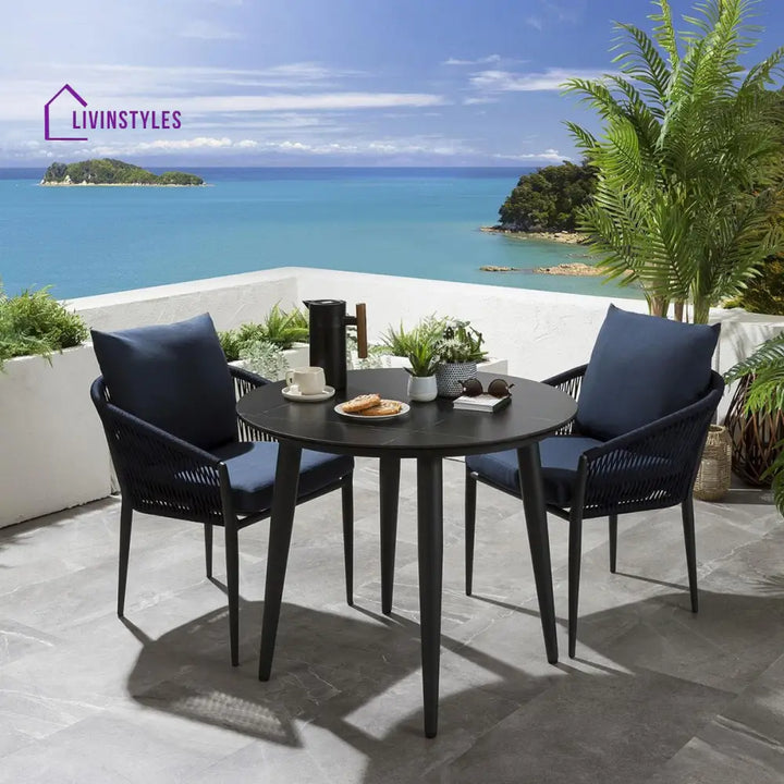 Luis Outdoor Patio Seating Set 2 Chairs and 1 Table Set (Black + Blue) Braided & Rope - Coffee Table Sets
