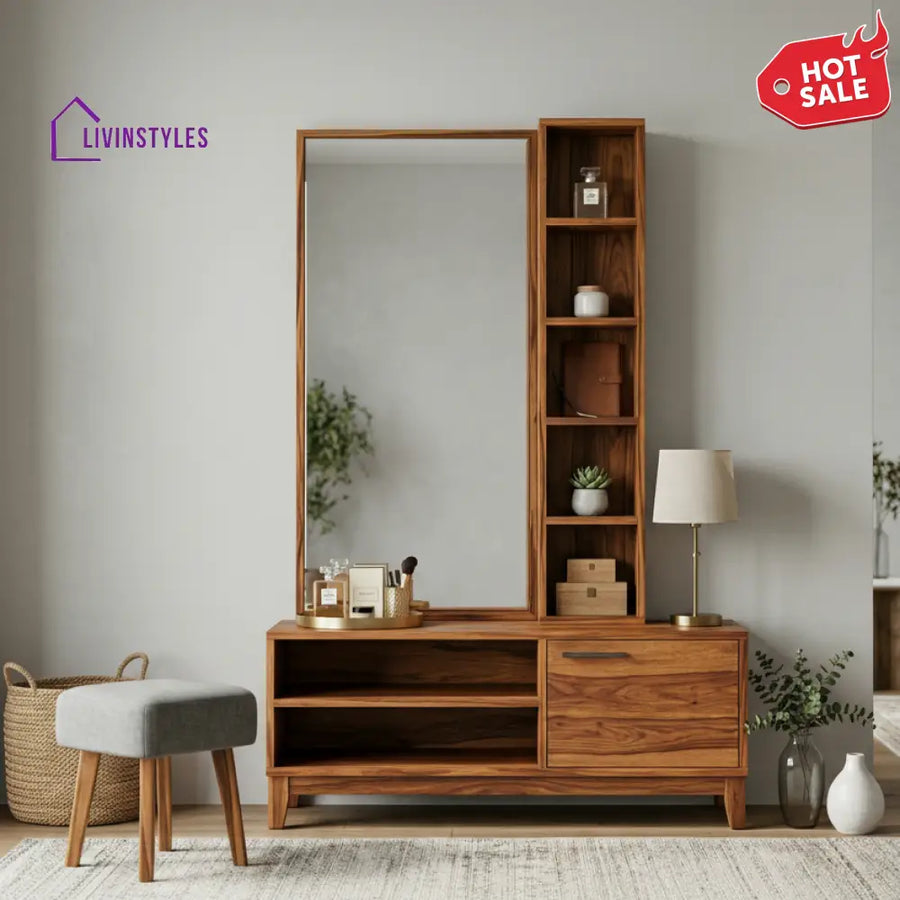 Luke Sheesham Wood Dressing Table with Mirror and Storage (Honey Finish)