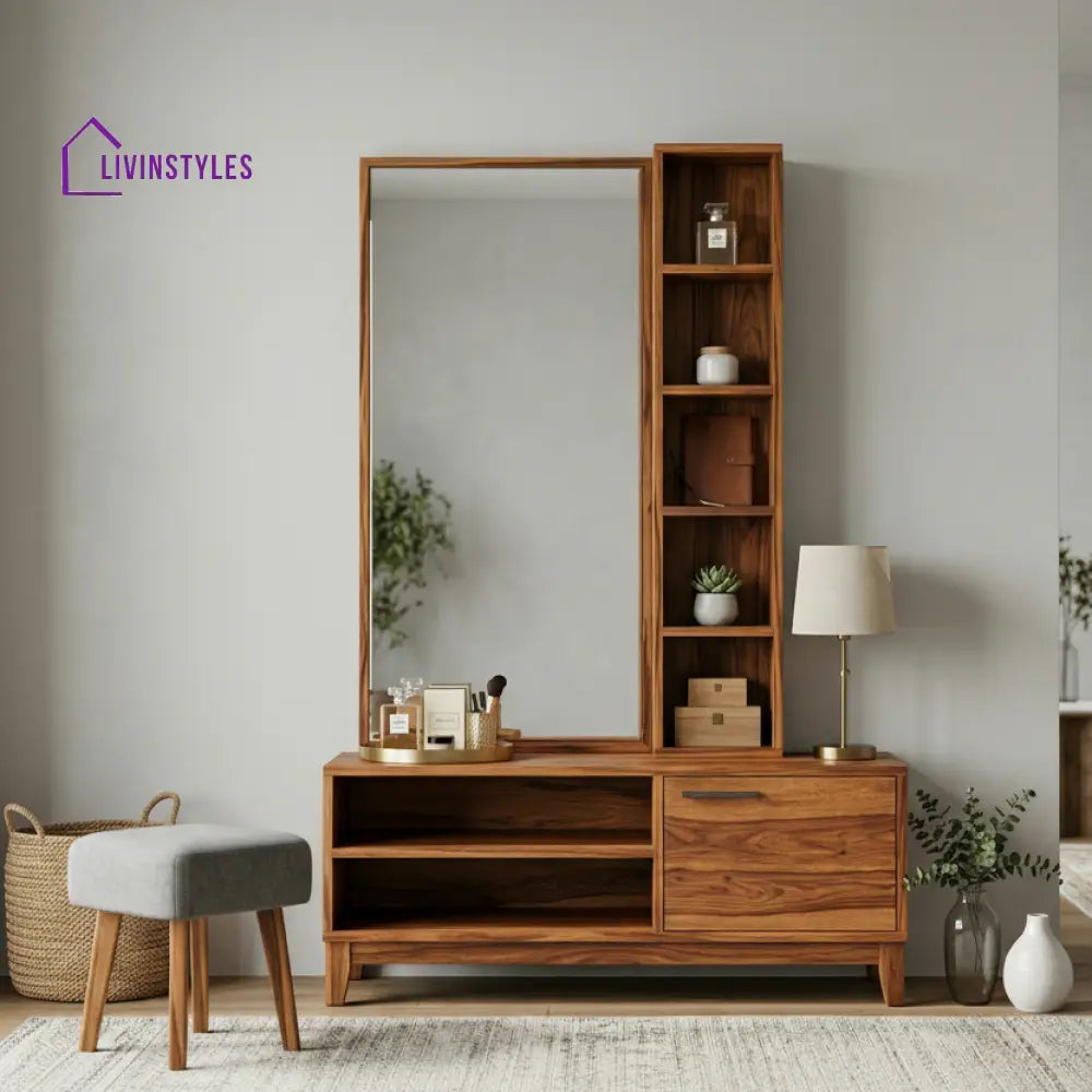 Luke Sheesham Wood Dressing Table with Mirror and Storage (Honey Finish)