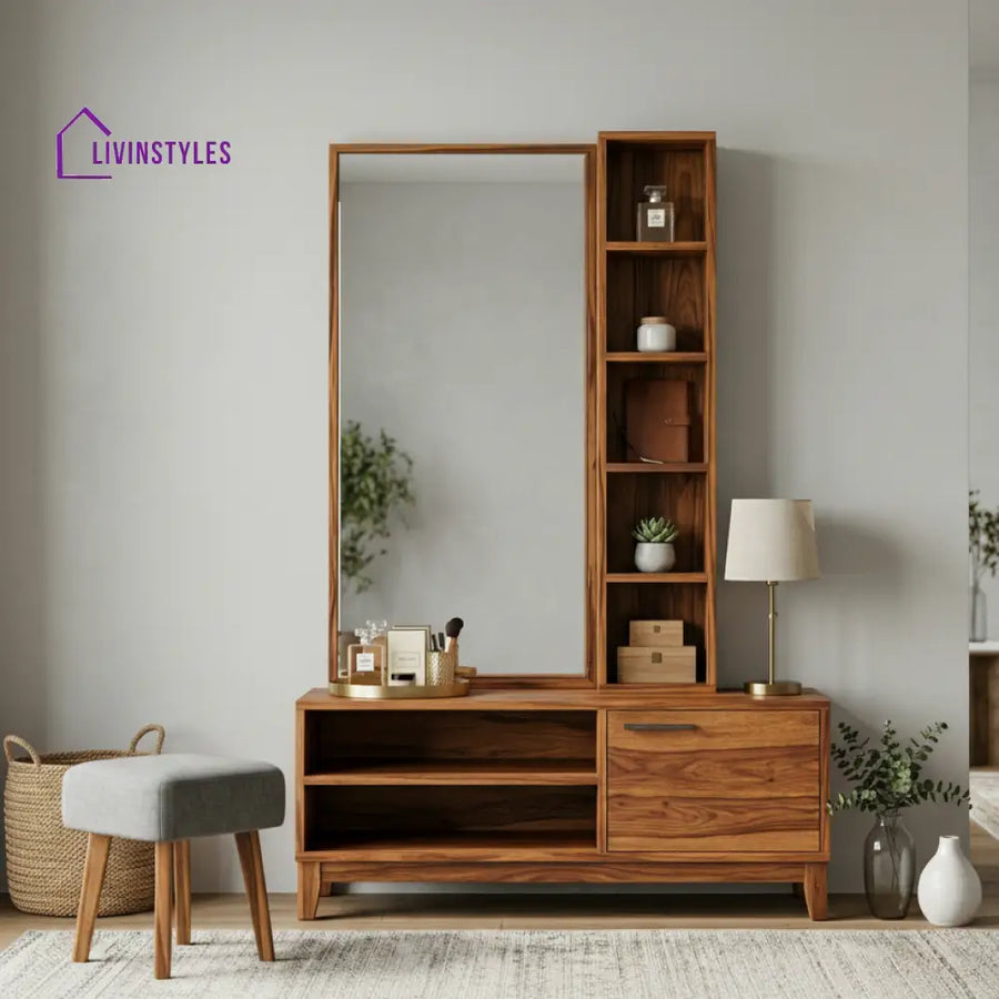 Luke Sheesham Wood Dressing Table with Mirror and Storage (Honey Finish)