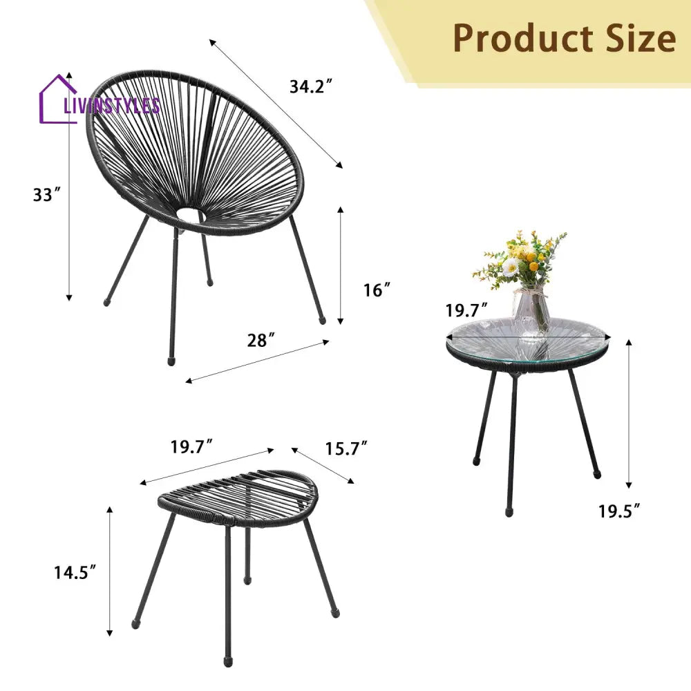 Lung Outdoor Patio Seating Set 2 Chairs and 1 Table Set (Black) - Coffee Table Sets