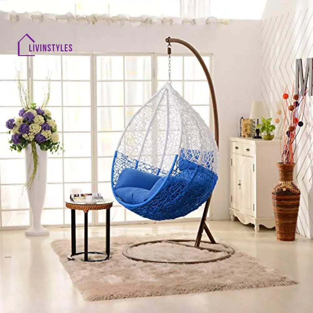 Luoni Single Seater Hanging Swing With Stand For Balcony Garden Swing (White) - Blue - Swings