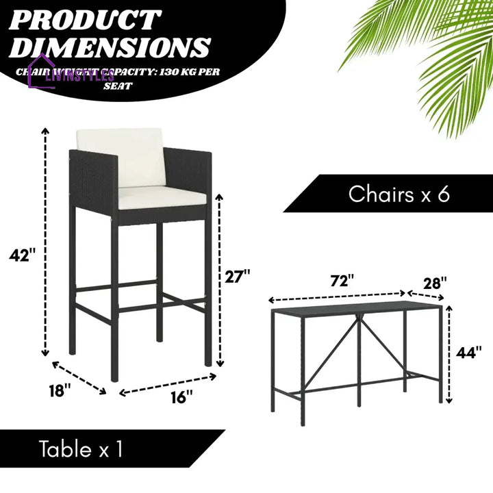 Lupe 7-Piece Outdoor Rattan Wicker Bar Set with Glass Top Table - Bar Set