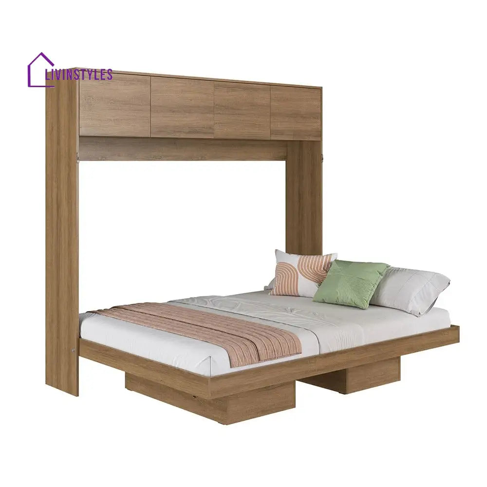 Lusha Wooden Finish Wall Mounted Bed with Shelves