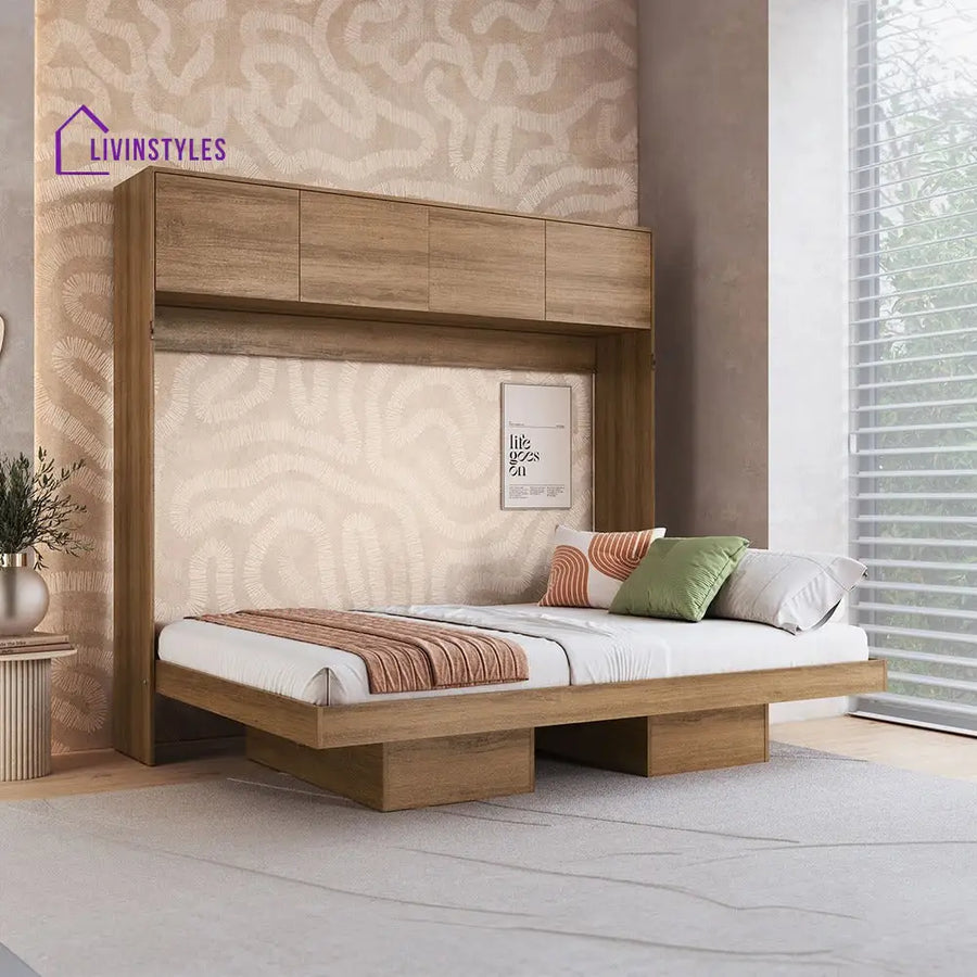Lusha Wooden Finish Wall Mounted Bed with Shelves