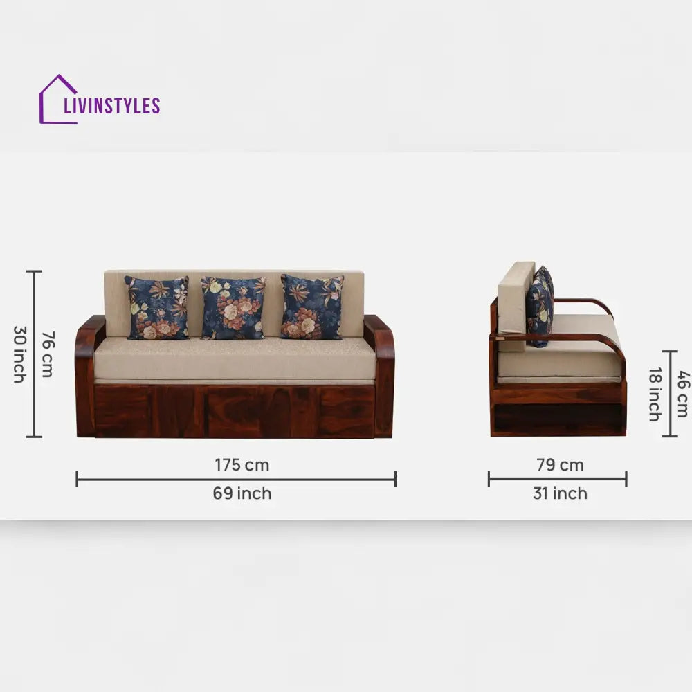 Bergen Sheesham Wood Pull Out 3 Seater Sofa Cum Bed In Scratch Resistant Honey Oak Finish