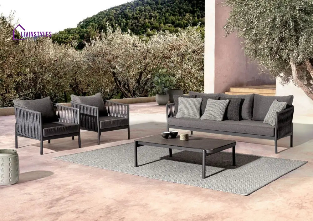 Luxo Outdoor Garden Balcony Sofa Set 3 Seater and 2 Single Seater With 1 Center Table Set Braid & Rope (Dark Grey)