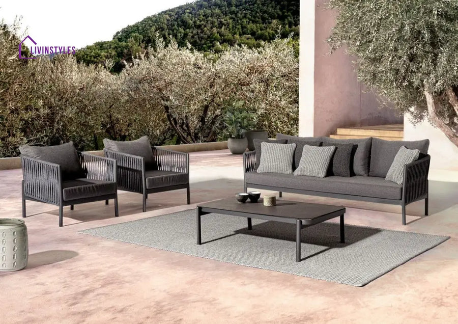 Luxo Outdoor Garden Balcony Sofa Set 3 Seater and 2 Single Seater With 1 Center Table Set Braid & Rope (Dark Grey)