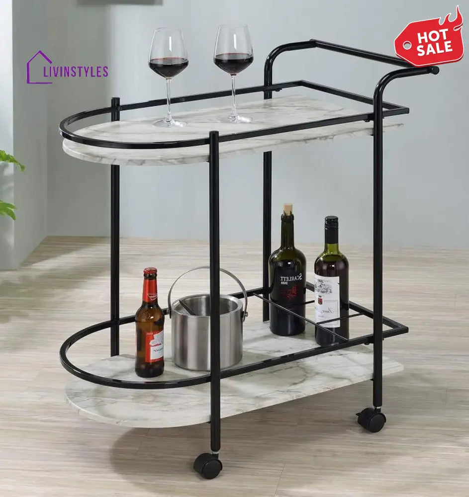 Modern Black Oval Trolley with Marble Top - Front View