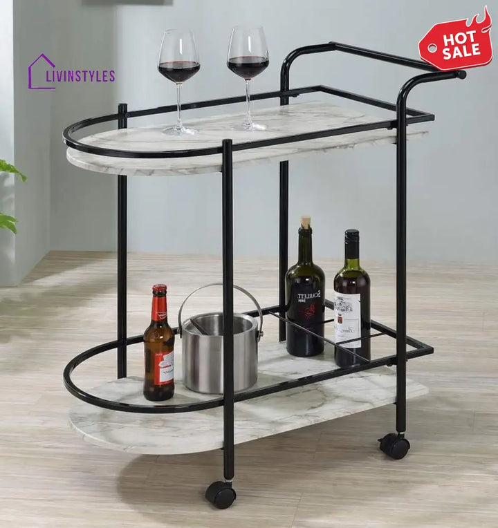 Modern Black Oval Trolley with Marble Top - Front View