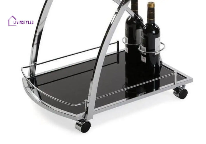 Luxurious Bar Cart Trolley In Nickle Tone With Black Glass Serving Trays