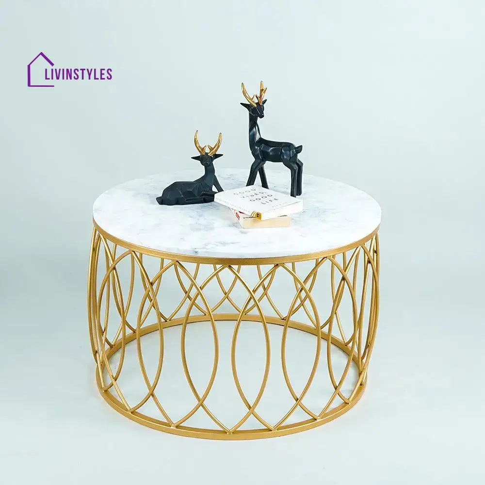 luxurious Designer in Golden & White Marble Round Shape Center Table Table
