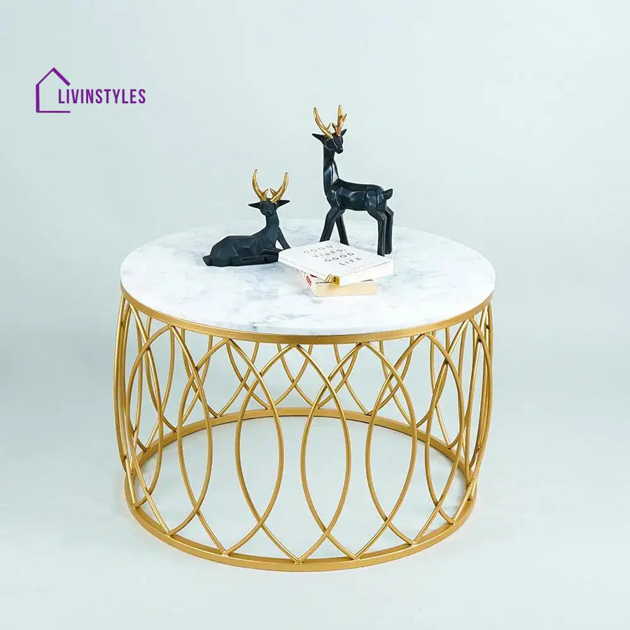 luxurious Designer in Golden & White Marble Round Shape Center Table Table