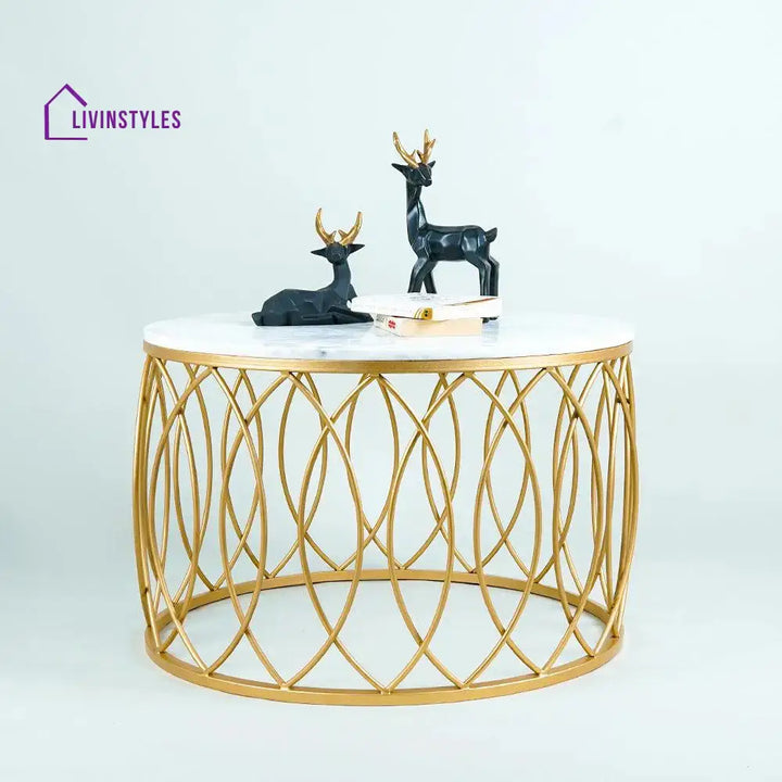 luxurious Designer in Golden & White Marble Round Shape Center Table Table