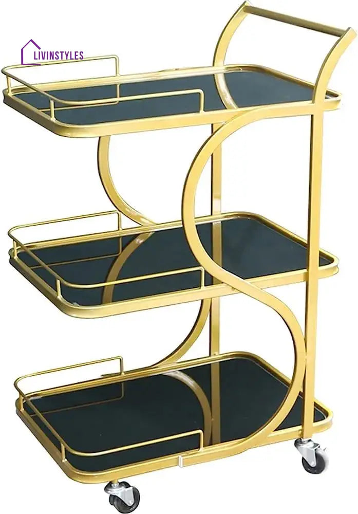 Luxurious Golden Iron 3 Tier Rectangle Trolley With Black Glass - S Shaped Design Serving Cart