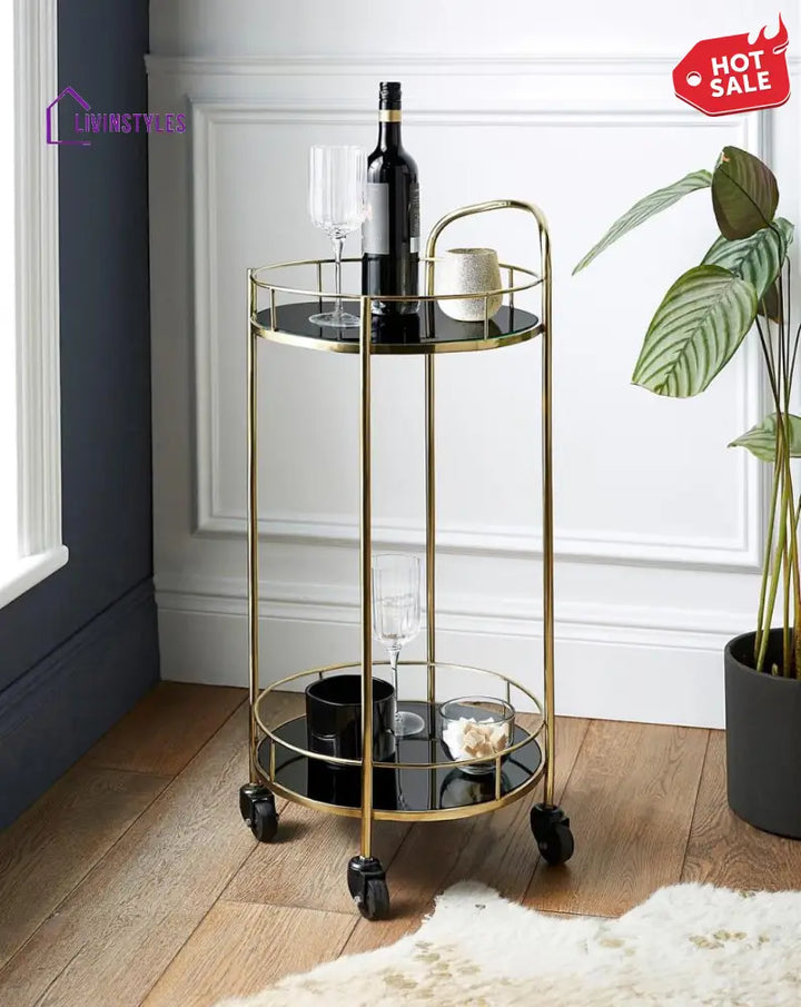 Luxurious Round Trolley with Black Glass Top
