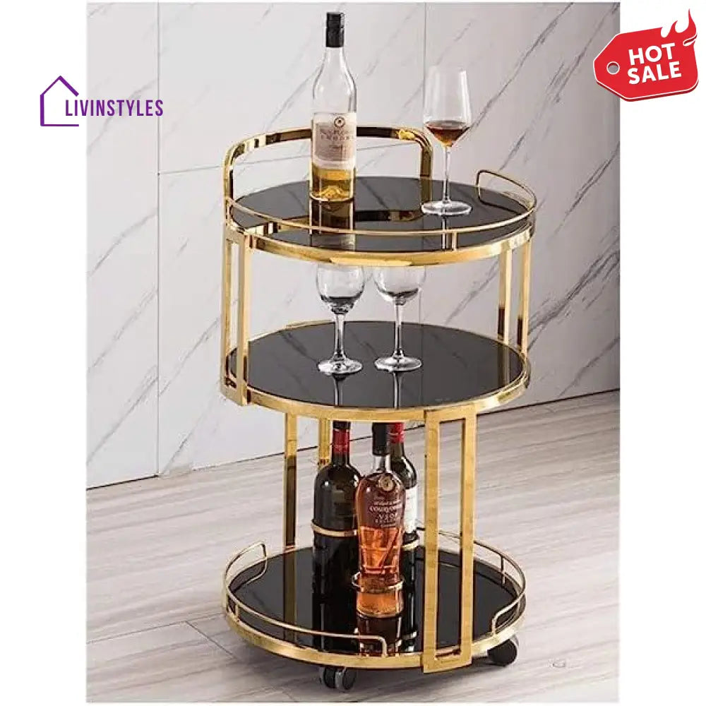 Luxurious Round Trolley with Black Glass Top