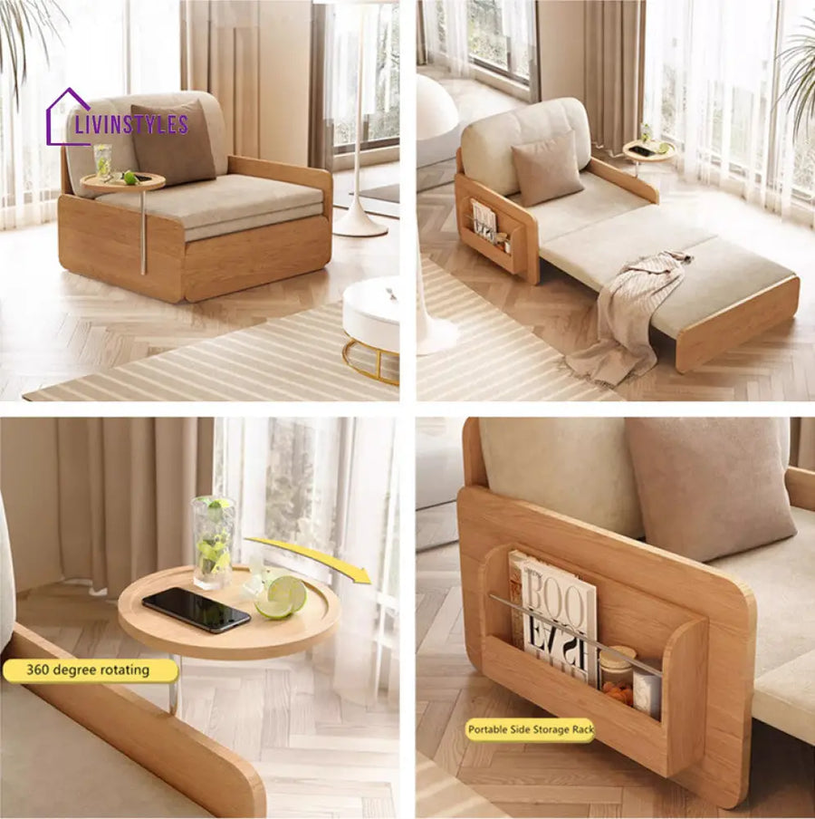 Japandi Log Style Pull Out Sofa Bed with Rotating Armrest Tray and Storage SOFA BED