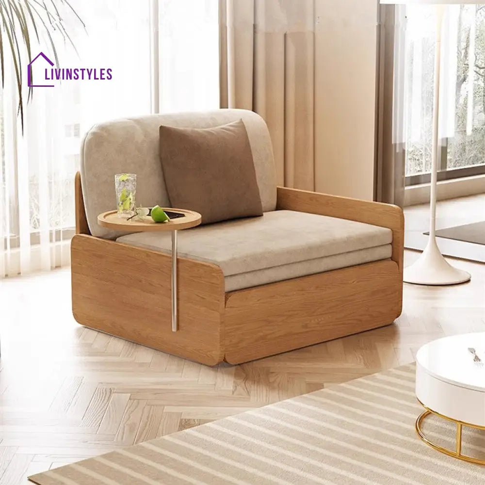 Japandi Log Style Pull Out Sofa Bed with Rotating Armrest Tray and Storage SOFA BED