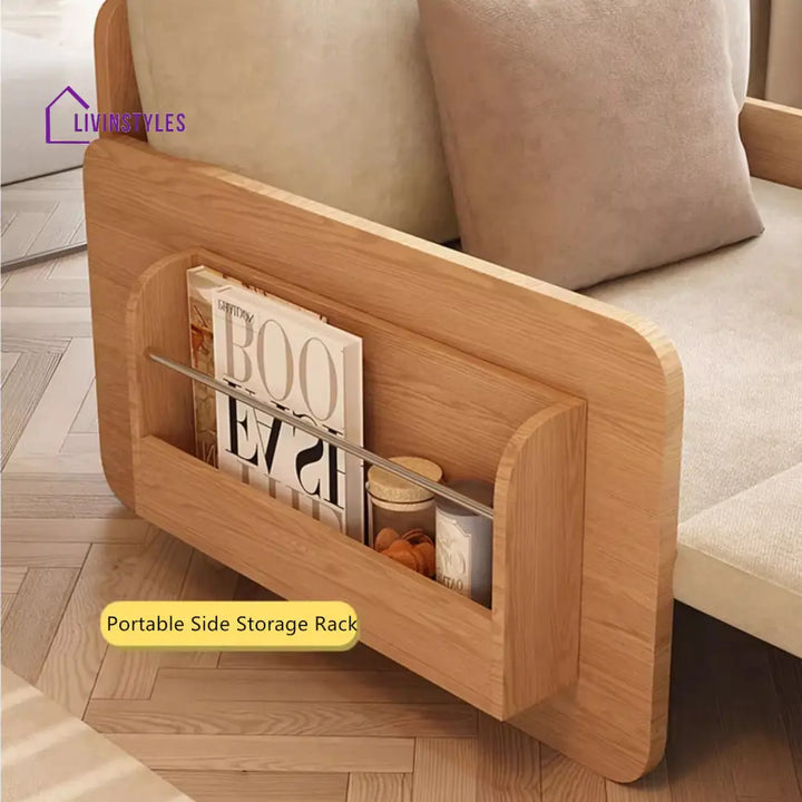 Japandi Log Style Pull Out Sofa Bed with Rotating Armrest Tray and Storage SOFA BED
