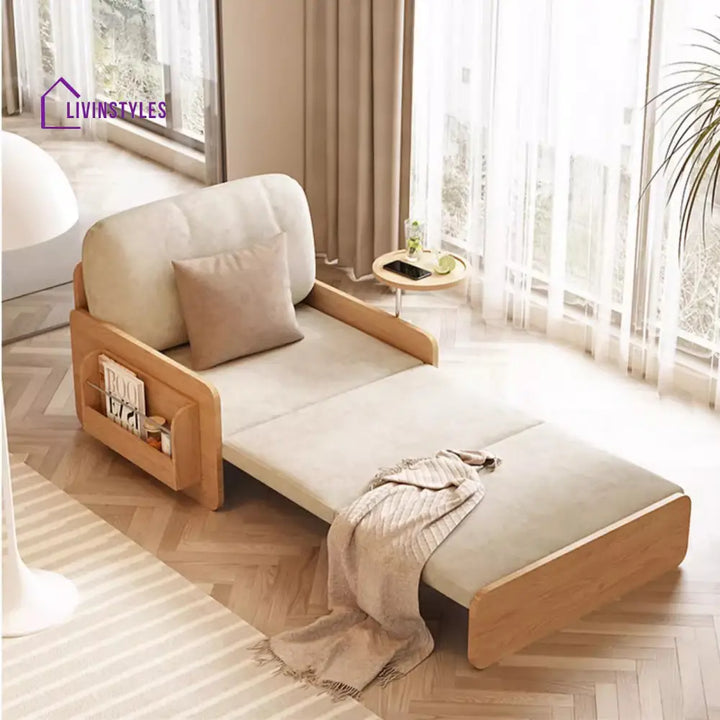 Japandi Log Style Pull Out Sofa Bed with Rotating Armrest Tray and Storage 125CM/49.2INCH / Khaki SOFA BED