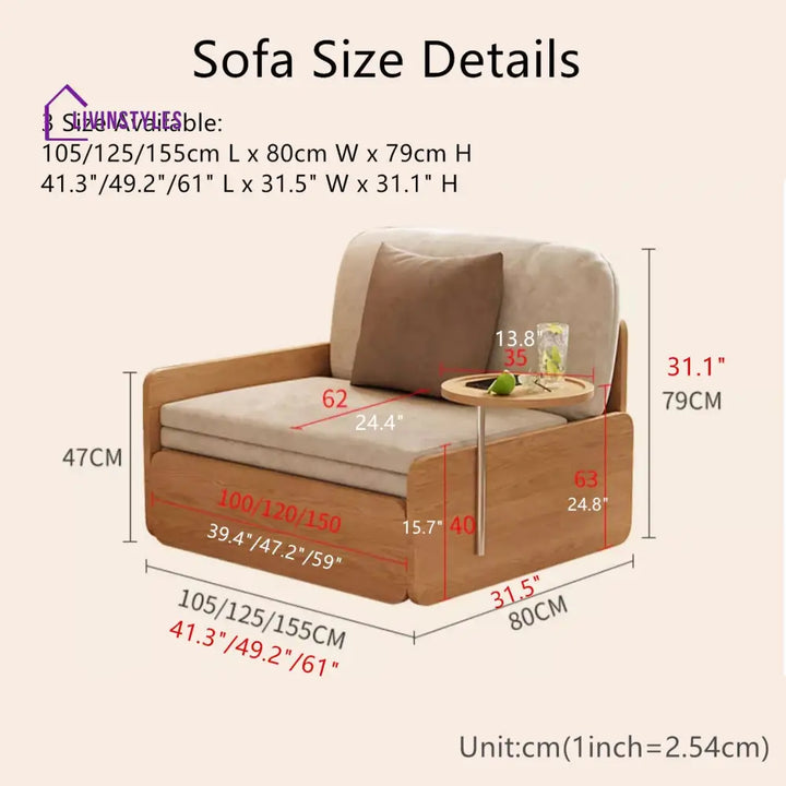 Japandi Log Style Pull Out Sofa Bed with Rotating Armrest Tray and Storage 155CM/61INCH / Grey SOFA BED