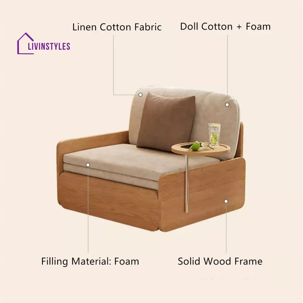 Japandi Log Style Pull Out Sofa Bed with Rotating Armrest Tray and Storage SOFA BED