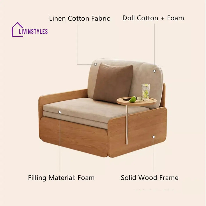 Japandi Log Style Pull Out Sofa Bed with Rotating Armrest Tray and Storage SOFA BED