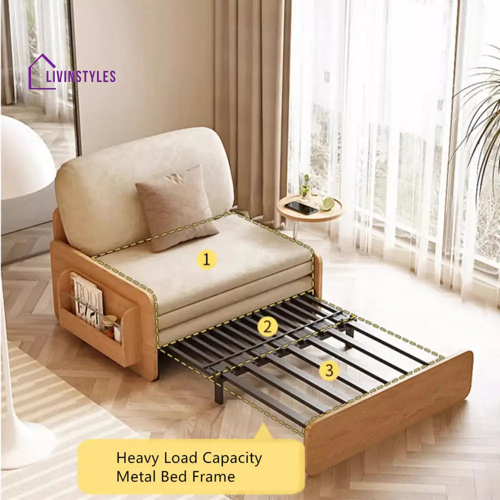 Japandi Log Style Pull Out Sofa Bed with Rotating Armrest Tray and Storage SOFA BED