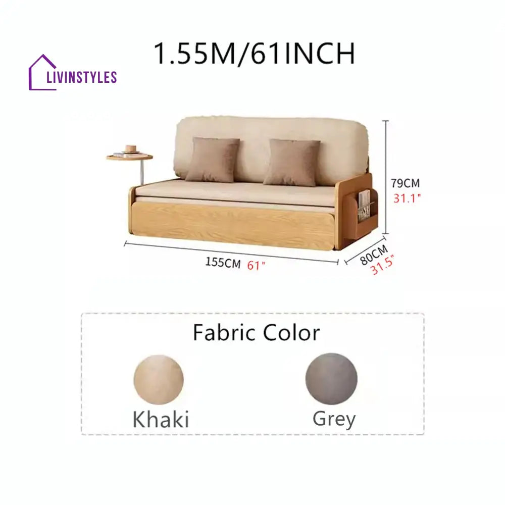 Japandi Log Style Pull Out Sofa Bed with Rotating Armrest Tray and Storage 155CM/61INCH / Khaki SOFA BED