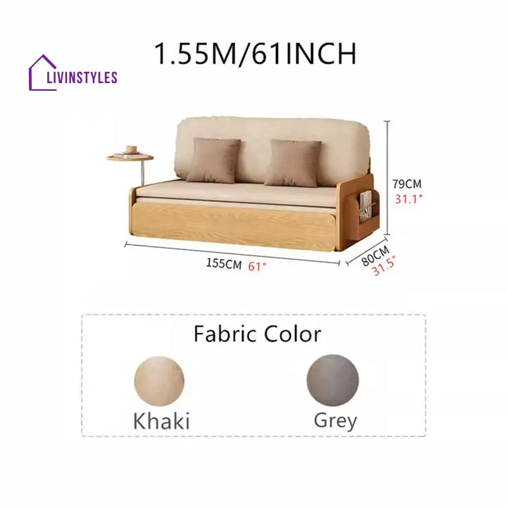 Japandi Log Style Pull Out Sofa Bed with Rotating Armrest Tray and Storage 155CM/61INCH / Khaki SOFA BED