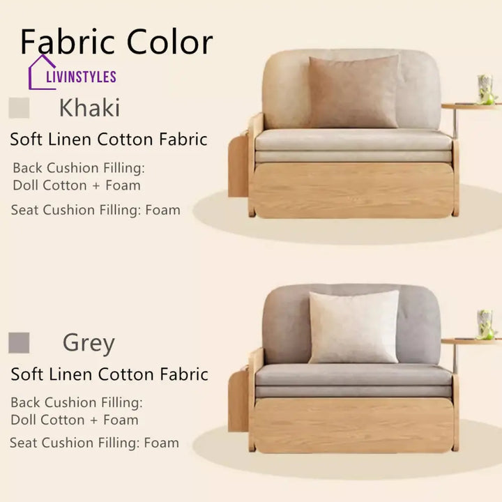 Japandi Log Style Pull Out Sofa Bed with Rotating Armrest Tray and Storage 105CM/41.3INCH / Grey SOFA BED