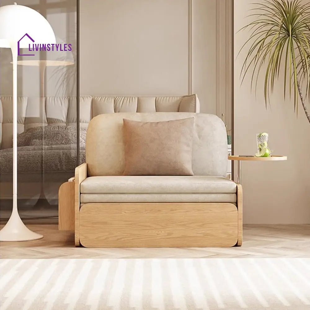 Japandi Log Style Pull Out Sofa Bed with Rotating Armrest Tray and Storage 105CM/41.3INCH / Khaki SOFA BED