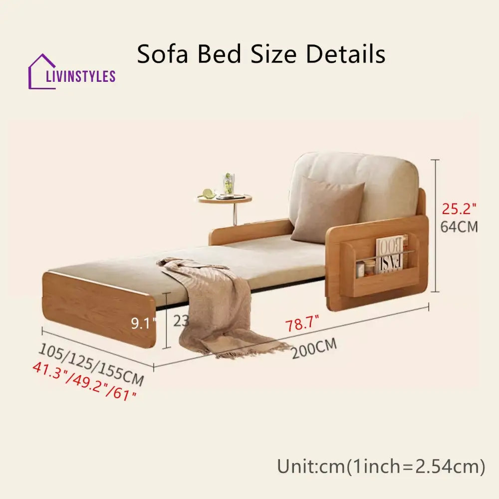 Japandi Log Style Pull Out Sofa Bed with Rotating Armrest Tray and Storage SOFA BED