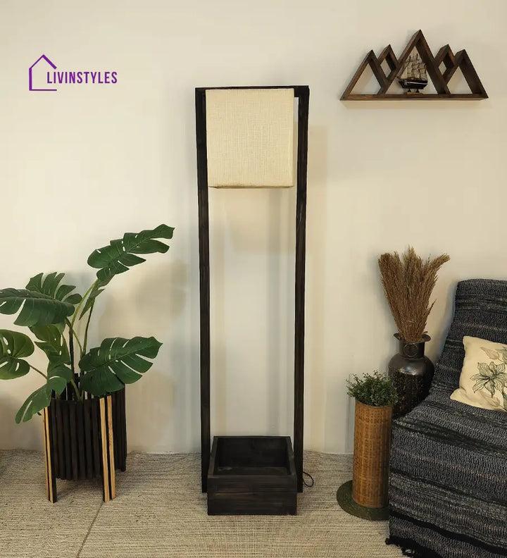 Lyon Wooden Floor Lamp With Brown Base And Beige Fabric Lampshade Lamps