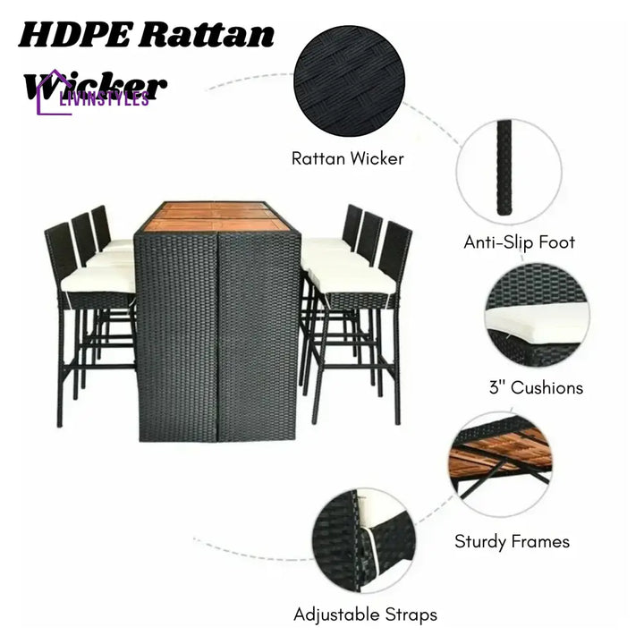 Lyra 7-Piece Outdoor Rattan Wicker Bar Set with Wooden Top Table - Bar Set