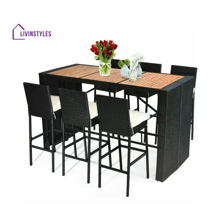 Lyra 7-Piece Outdoor Rattan Wicker Bar Set with Wooden Top Table - Bar Set