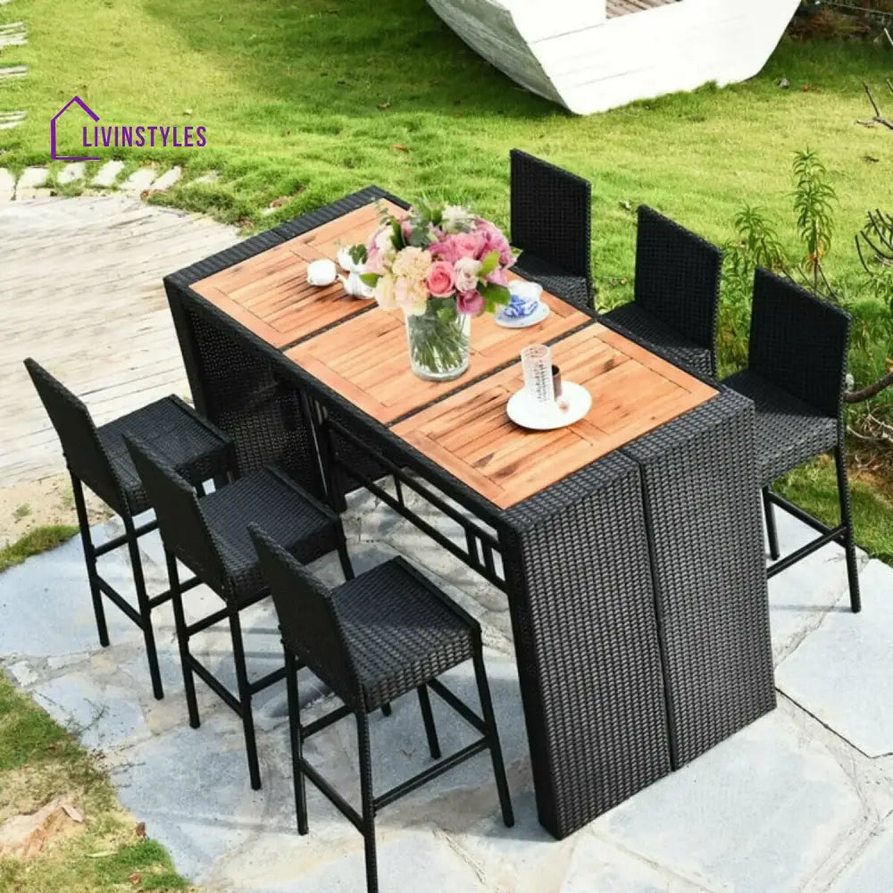 Lyra 7-Piece Outdoor Rattan Wicker Bar Set with Wooden Top Table - Bar Set