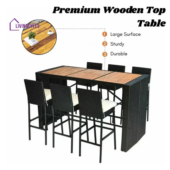 Lyra 7-Piece Outdoor Rattan Wicker Bar Set with Wooden Top Table - Bar Set