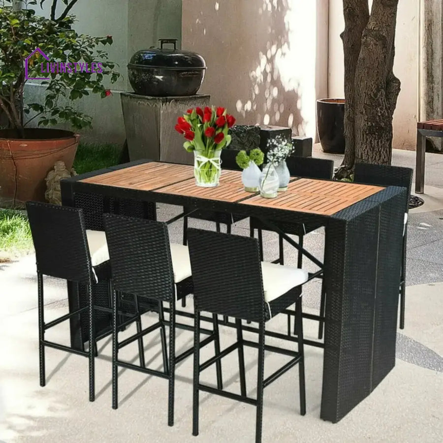 Lyra 7-Piece Outdoor Rattan Wicker Bar Set with Wooden Top Table - Bar Set