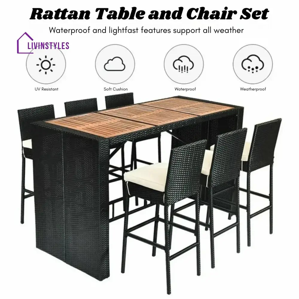 Lyra 7-Piece Outdoor Rattan Wicker Bar Set with Wooden Top Table - Bar Set