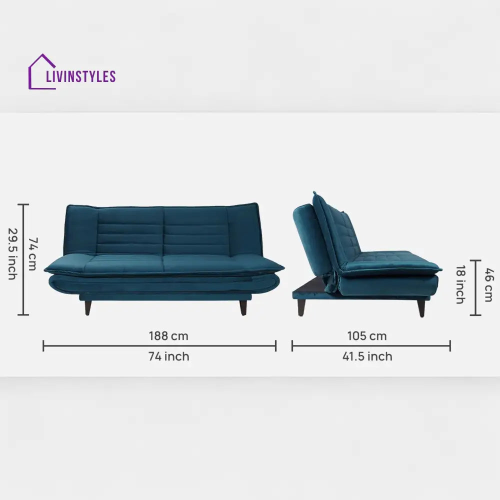 Eliane Velvet Convertible Sofa Cum Bed In Teal Blue Colour
