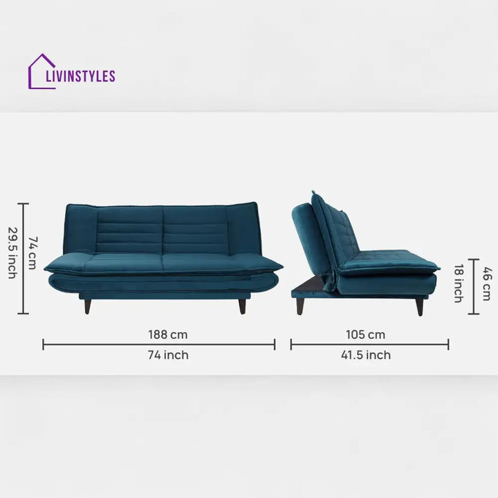 Eliane Velvet Convertible Sofa Cum Bed In Teal Blue Colour