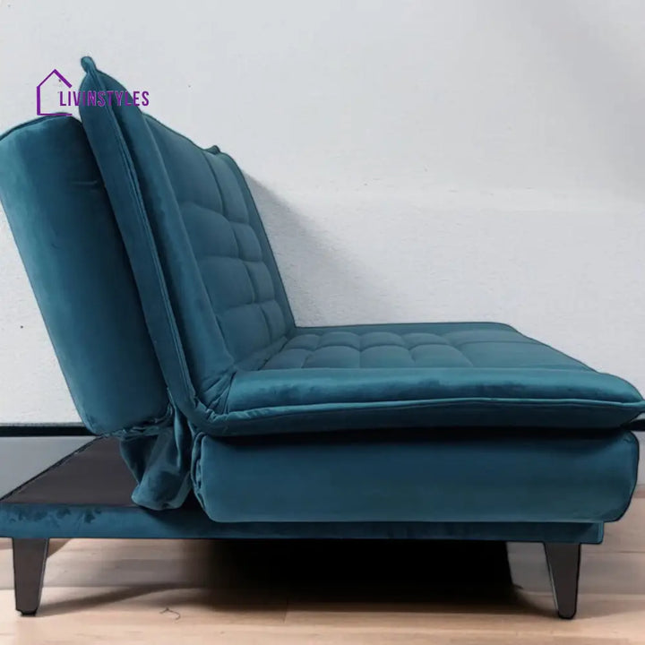 Eliane Velvet Convertible Sofa Cum Bed In Teal Blue Colour