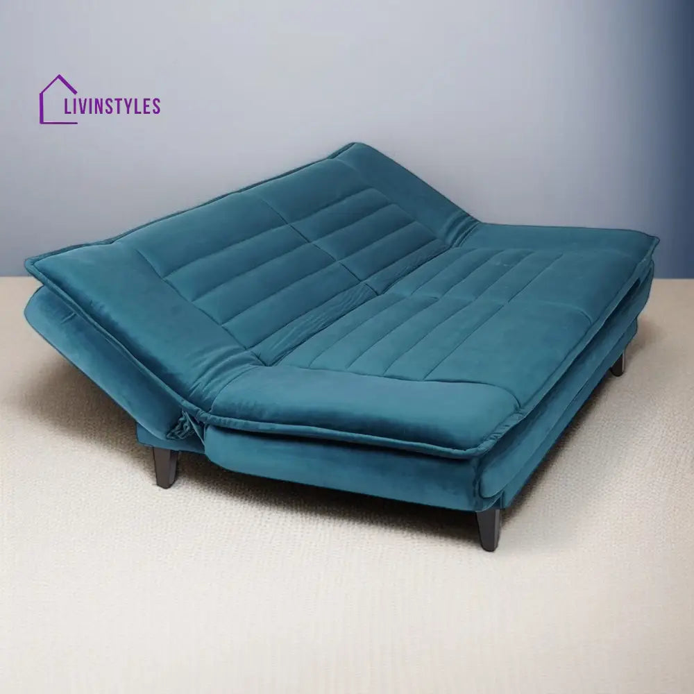 Eliane Velvet Convertible Sofa Cum Bed In Teal Blue Colour