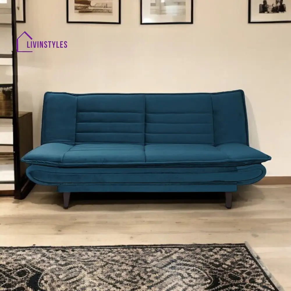 Eliane Velvet Convertible Sofa Cum Bed In Teal Blue Colour