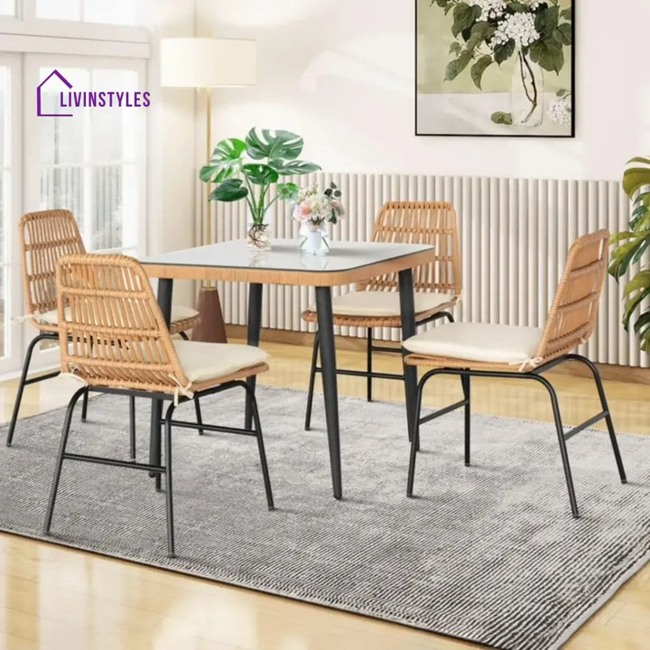 Macarena 5-Piece Outdoor Patio Dining Set With Rattan Chairs & Glass-Top Table - Dining Set