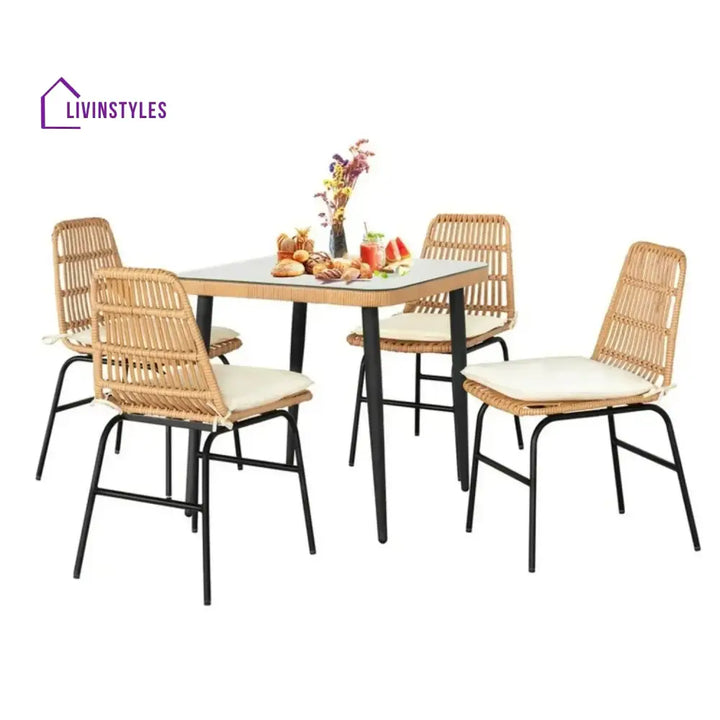 Macarena 5-Piece Outdoor Patio Dining Set With Rattan Chairs & Glass-Top Table - Dining Set