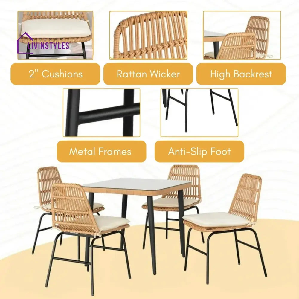 Macarena 5-Piece Outdoor Patio Dining Set With Rattan Chairs & Glass-Top Table - Dining Set